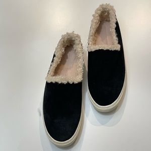 Zara Basic Black Suede Fur Lined Slip on Sneakers